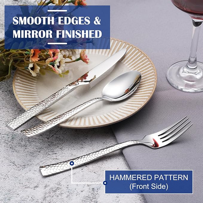 E-far 36-Piece Hammered Silverware Set, Stainless Steel Flatware Set - Image 4