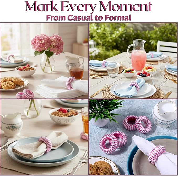 ALPHA Living HOME Napkin Rings Set - 12-Piece Elegant Round Plastic & Rayon Napkin Holders for Dining Table Decor, for Wedding, Party, Holiday, Banquet, Kitchen, Everyday Use (Pink White)