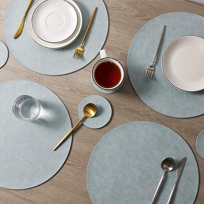 Embossed PU Leather Round Placemats, Waterproof Coffee Coasters, Kitchen Table Mats, Easy to Wipe Off for Dining Round Table, Set of 4