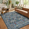 GarveeHome Floral Area Rugs 5x7, Dark Blue Washable Rug for Living Room, Bedroom, Low Pile Non Slip Stain Resistance Indoor Boho Carpet Mat for Farmhouse, Dining Room, Office
