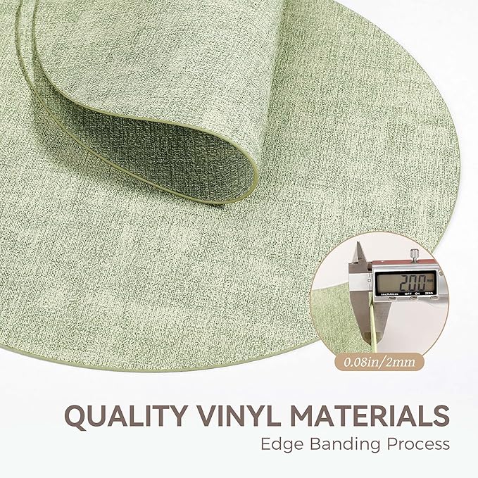 13" Round Placemats Set of 4, Reversible Faux Leather Heat Resistant Table Mats, Waterproof Oilproof Wipeable Table Protective Placemats for Vinyl, Washable for Indoor & Outdoor Use (4, Light Green)
