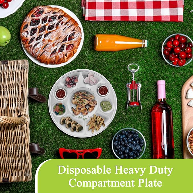 three leaf 9 Compartment Bagasse Round Plate, 50 Ct. Heavy-Duty- Super Strong- Natural- Eco-Friendly Disposable Bagasse Plates, 100% Biodegradable