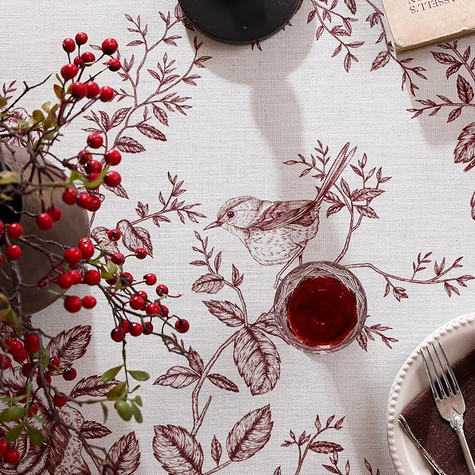 ISAENNE Designer Vintage Linen Long Tablecloth Rectangle,Red Floral Pattern Linen Stain Resistant Table Cloth,Decor Tablecloths for Dining Thanksgiving Kitchen Tea Party,63"*102"-Harmony
