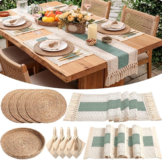 4 Sets Boho Decoration Placemats Round Woven Placemats, Cloth Napkins, Wood by Gandeer