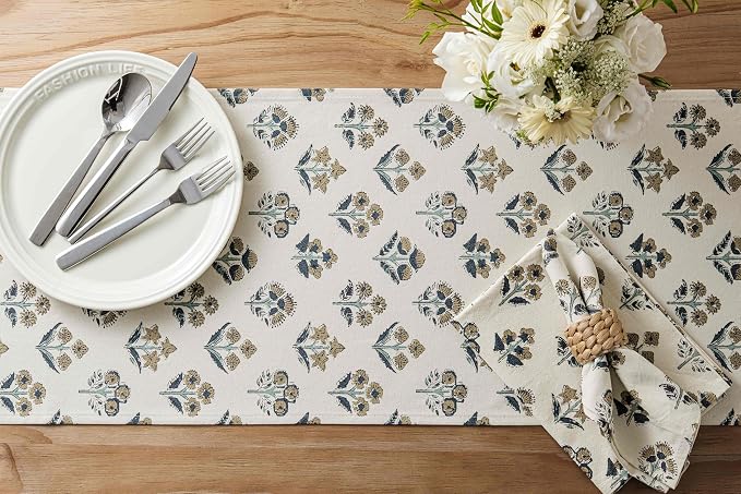 Block Print Floral Decorative Table Runners, 13x72 Inch Latte | 100% Organic - Image 4