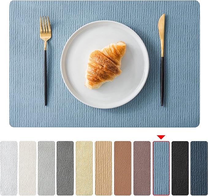 Jovono Faux Leather Placemats Set of 8, Waterproof Washable Table Mats, Easy-Clean Heat Resistant Kitchen Vinyl Place Mat for Dining Table, Restaurant, Indoor, 17.8"x11.8", Light Blue