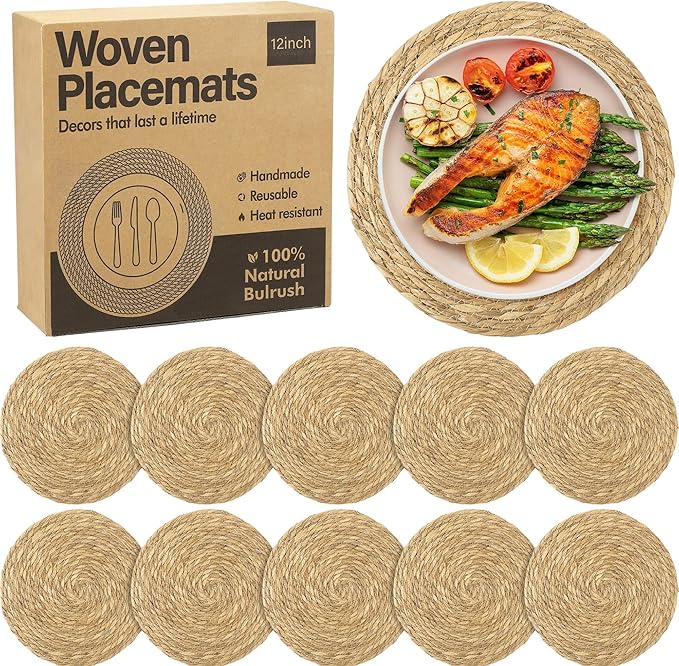Elcoho 10 Pieces Round Woven Placemats 12 Inch Boho Rattan Placemats Farmhouse Braided Place Mats Woven Plate Chargers Rustic Wicker Table Mats for Dining Table
