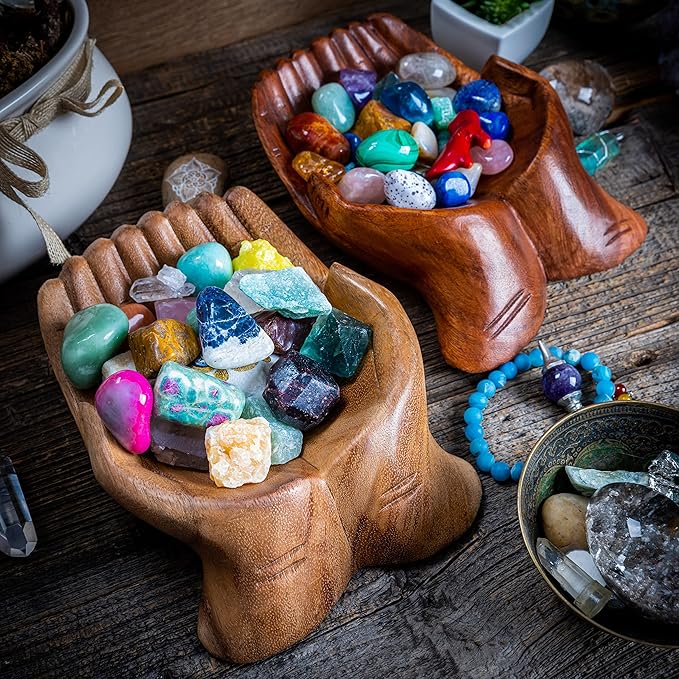 Curawood Carved Hands Offering Bowl - Crystal Holder for Stones, Rock Collection Holder, Crystal Display Storage Tray, Wooden Hands Bowl for Keys - Rock Display Case for Shelf, Stand, Altar Decor (M)