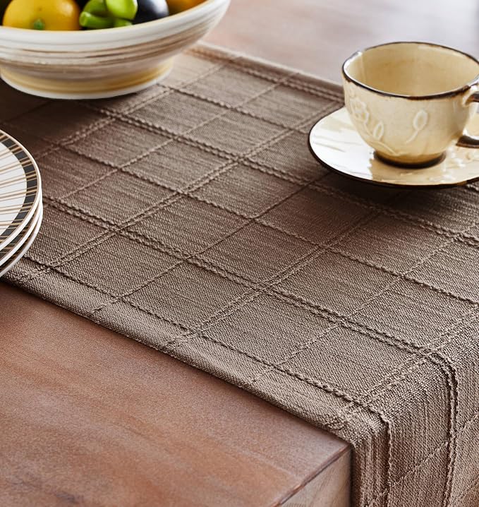 Linen Checked Farmhouse Table Runner, 13x108 Inches Cocoa Brown | Raised Grid - Image 5