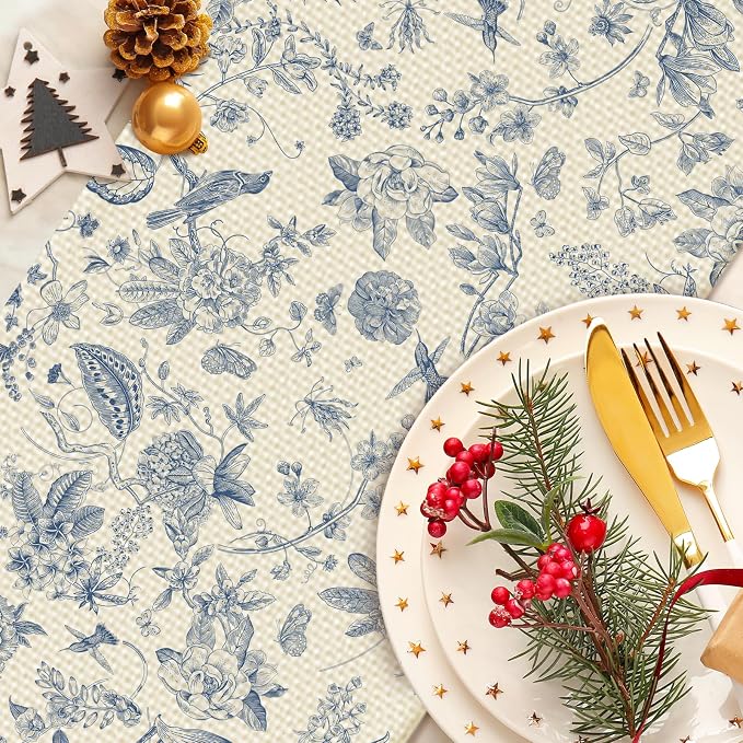 Blue Flower Burlap Table Runner Seasonal Spring Fall Kitchen Dining Linen Table - Image 4