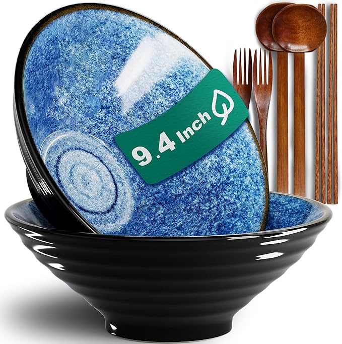 9.4-Inch 2 Sets Ceramic Ramen Bowl (8 Piece) - Japanese Porcelain Dishwasher Microwave Safe Salad Noodles Cereal Pasta Soup Large Bowls with Chopsticks Forks Spoons for Men Women Housewarming Gift