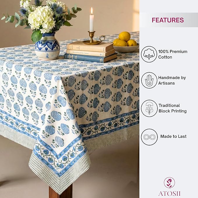 ATOSII Roma Blue 100% Cotton Boho Rectangle Fall Tablecloth, Handblock Floral Print Table Cloth Linen for Kitchen Dining I Parties, Outdoors, Weddings, Christmas, Thanksgiving Decor 60 X 90 Inches