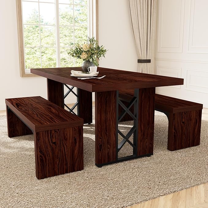 3-Piece Dining Table Set for 6 People, 70.8'' Rectangle Kitchen Table with 2 Benches for Breakfast Nook, Dining Room Furniture(Walnut Table+2 Benches)