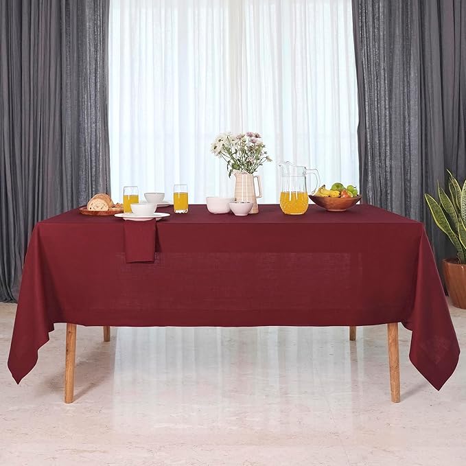 D'Moksha Homes Linen Tablecloth for Rectangle Tables 60 x 132 Inch - 100% Pure Linen Dark Red Table Cloth - Machine Washable Cloth Tablecloth for Valentines, Spring