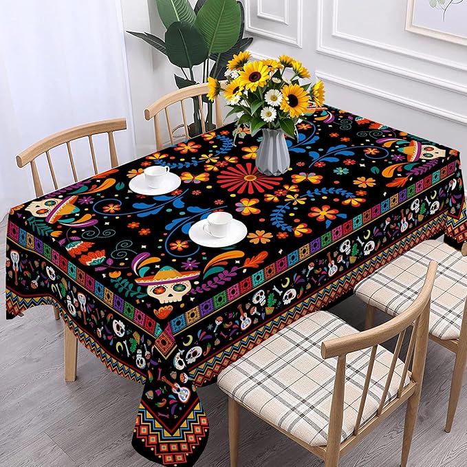 Mexican Tablecloth Rectangle 60 x 104 Inch, Cinco De Mayo Flower Skull Table Cloth Fiesta Indoor Decorations for Dining Room Party