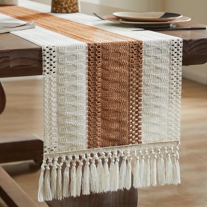 Macrame Style Bicolor Stitching Table Runner 14x36in Caramel | Woven Boho Table - Image 7