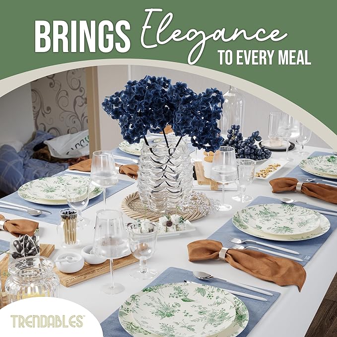 Trendables 80 Piece Plastic Disposable Plates Set For 40 Guests I 40 X 8 Inch Dessert Plates & 40 X 10 Inch Wedding Party Plates | Ivory & Green Verdure Design