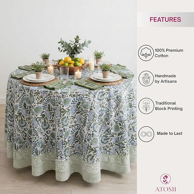 ATOSII Clover Blue 100% Cotton Round Boho Fall Tablecloth, Handblock Floral Table Cloth Linen for Kitchen Dining I Parties Wedding Outdoors Christmas Thanksgiving I 60" Inches Round I 4 Seater