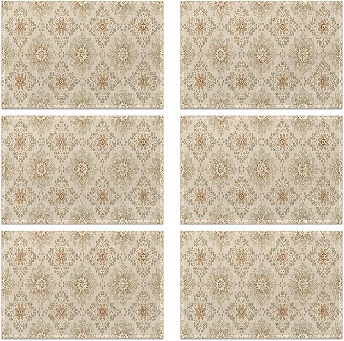 Elegant Beige and Brown Floral Pattern 12x18 Inch Placemats Set of 6 - Waterproof, Non-Slip & Washable Table Mats for Kitchen & Dining Table Placemats