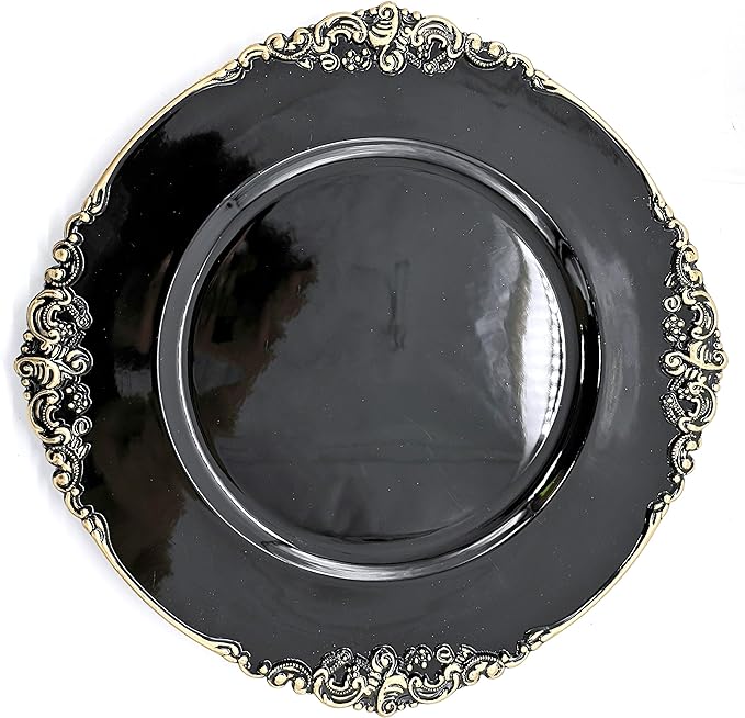 allgala 13-Inch 6-Pack Heavy Quality Round Charger Plates-Floral Black Gold Trim-HD80343