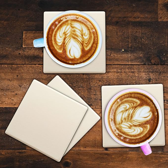 10 4" Square Ceramic Coasters Set - Cork Bottom, Serve Ware - Natural