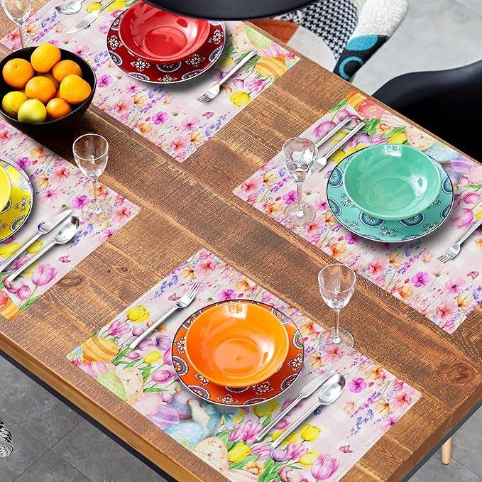 Spring Rabbit Bunny Placemats - Floral Easter Place Mat Set of 4 Buffalo Plaid Tablemats 12x18 for Party Kitchen Dining Pink