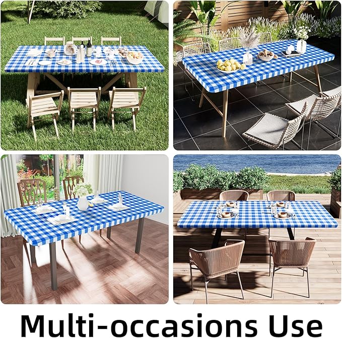 Smiry Rectangle Picnic Table Cloth, Elastic Waterproof Fitted Vinyl Tablecloths, Flannel Backed Buffalo Plaid Table Covers for Dining, Camping, Outdoor (White and Blue, 24" x 48")