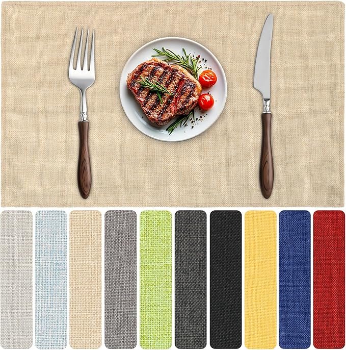 Blue Forest Placemats Set of 6, Dual-Layered Thickened Faux Linen Table Mats Heat Resistant Machine Washable Wrinkle Free Place Mats for Kitchen Dining Outdoor/Indoor (Beige)