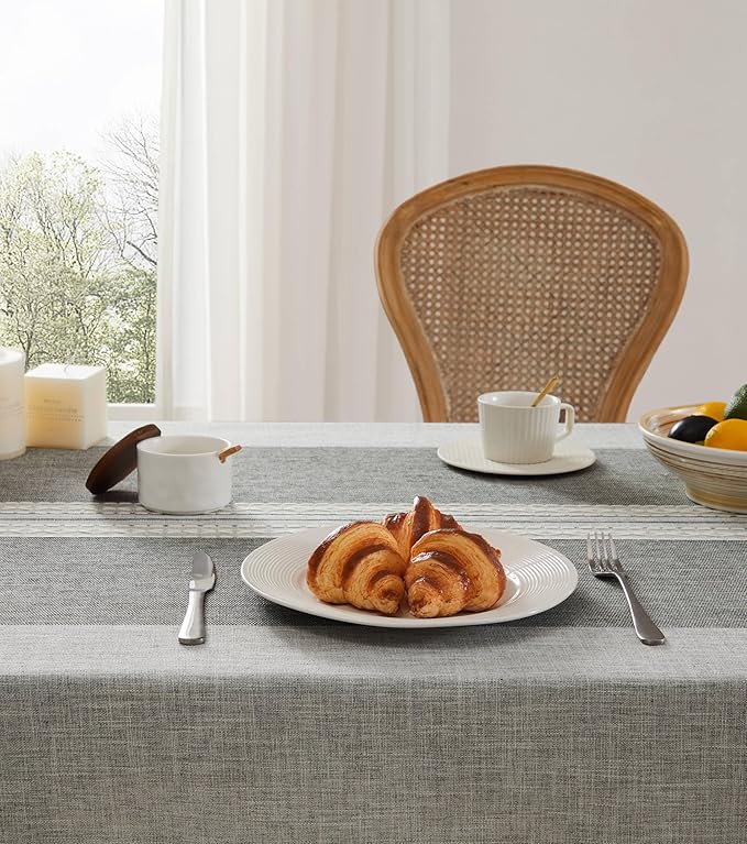 ZeeMart Contrast Linen Round Tablecloth 52 Inch Mid-Stripe Grey, Farmhouse Style Round Table Cloth Heavy Weight Grey Tablecloths, Water Resistant Burlap Table Cloths