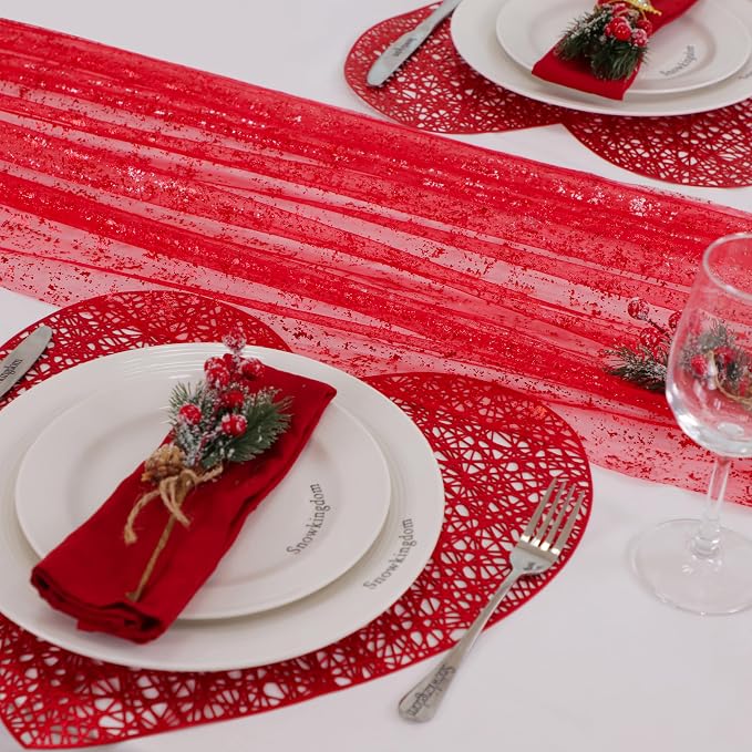 Snowkingdom 6 Pcs Red Glitter Table Runner 10 FT, Sheer Chiffon Sparkle Gauze - Image 7