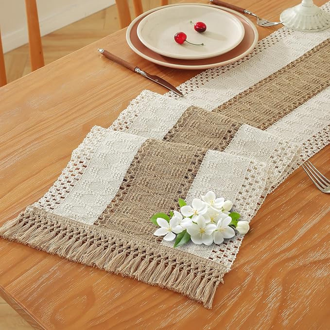 Boho Table Runner for Brown White Tassel Home Decor 72 Inches Long, Modern - Image 6