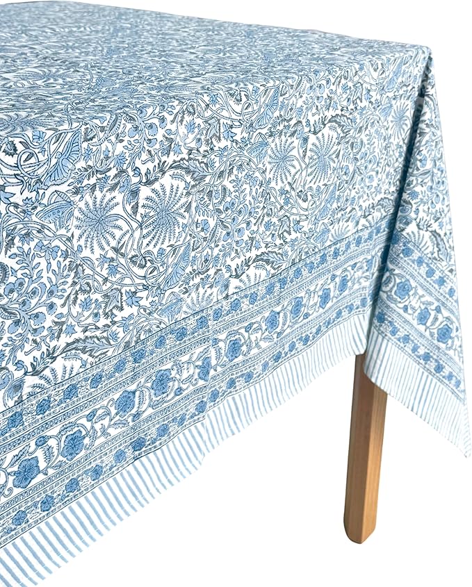 ATOSII Butterfly Blue 100% Cotton Rectangle Summer Tablecloth, Handblock Floral Print Linen Table Cloth for Kitchen Dining I Parties, Weddings, Outdoors, Decor 60 X 90 Inches, 6 Seater