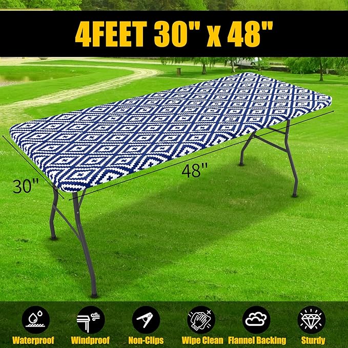 Smiry Rectangle Table Cloth Cover, Waterproof Elastic Fitted Picnic Tablecloth for 4 Foot Tables, Wipeable Flannel Backed Vinyl Tablecloths for Camping, Dining, Outdoor (Navy, 30" x 48")