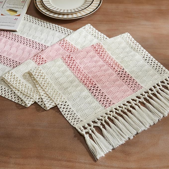 Macrame Style Bicolor Stitching Table Runner 14x48in Light Pink | Woven Boho by ZEEMARTONLINE