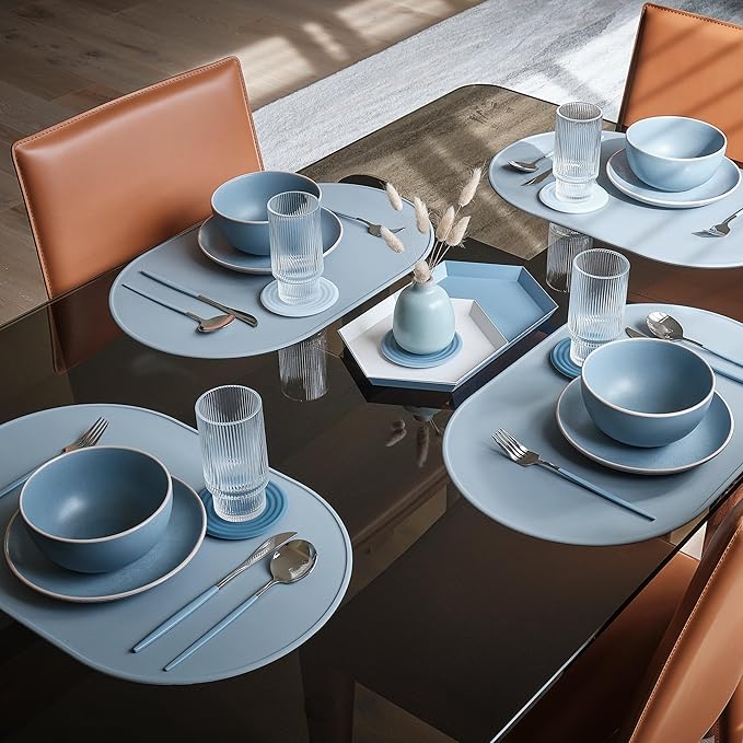 LINE+ARC Waterproof, Stain-Resistant, Heat-Safe Silicone Degrē Placemats (20.5x13, Set of 2 Smoke) 3mm-High Rim Adults Babies Easy-to-Clean Washable Oval Modern Non-Slip Large Dining Table Mats