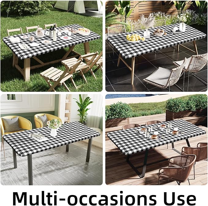 Smiry Rectangle Picnic Table Cloth, Elastic Waterproof Fitted Vinyl Tablecloths, Flannel Backed Buffalo Plaid Table Covers for Dining, Camping, Outdoor (Black and White, 36" x 48")