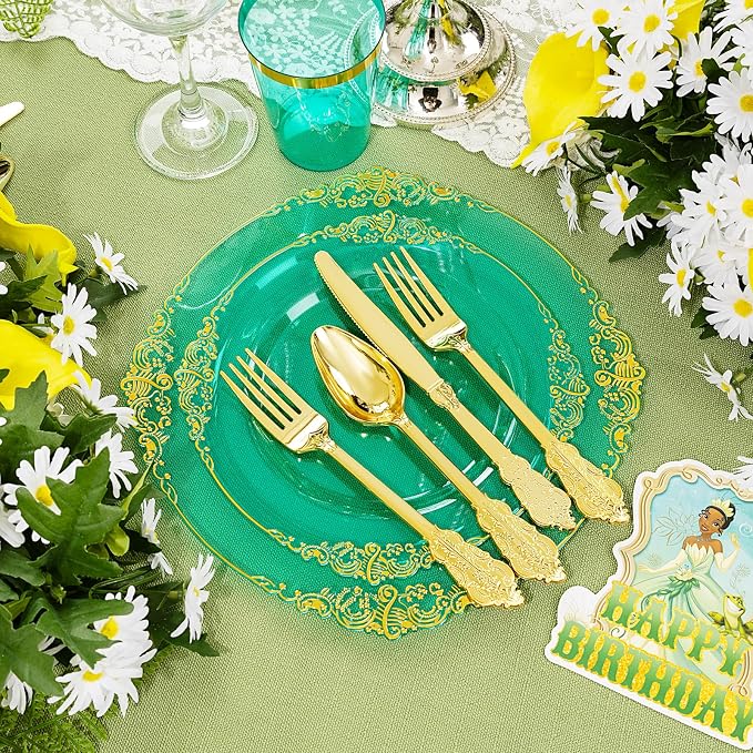 175 Pcs Clear Green Plates for Party | Elegant Disposable Dinnerware for 25 - Image 7