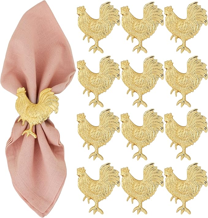 ALPHA Living HOME Set of 12 Rooster Napkin Rings for Farmhouse Table Decor | Premium Metal Chicken Dinnerware Holders | Rustic Kitchen & Holiday Party Table Setting (Gold)