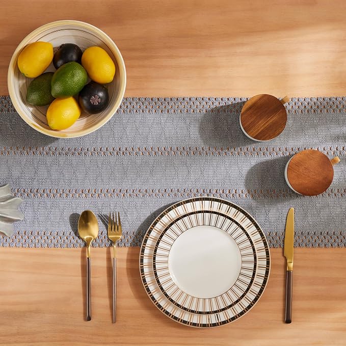 Macrame Style Boho Table Runner, 12x60 Inch Light Blue Grey | Woven Boho Table - Image 4
