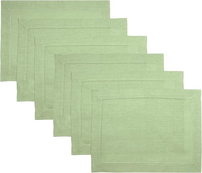 D'Moksha Homes Sage Green Linen Cloth Placemats Set of 6-100% Pure Linen Hemstitch Placemats 14 x 19 Inch - Classic Hemstitch Table Place Mats for St Patricks Day, Easter - Machine Washable