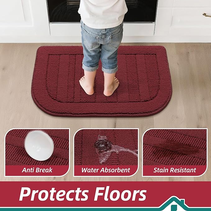 BEQHAUSE 24x36 Inch Kitchen Rug Mat Durable Kitchen Rugs Non-Slip Washable Absorbent Kitchen Mats for Floor Dirt-Resistant Semicircular Kitchen Mat (Red)