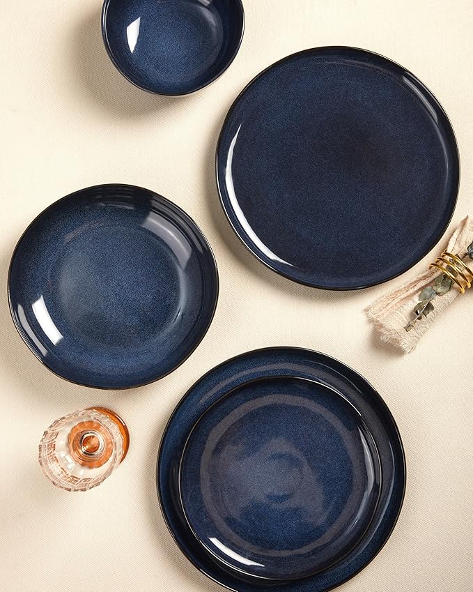 Stoneware Pasta Bowls Set of 6, 8.26" Large Serving Bowls, Chip Resistant Plate Bowls, Salad Serving Bowl for Lunch, Unique Irregular Look, Starry Blue