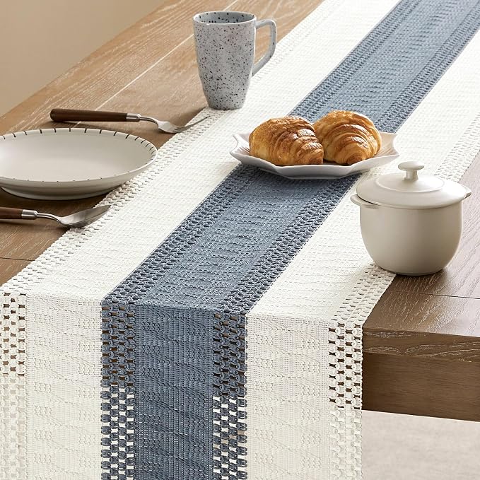 Macrame Style Bicolor Stitching Table Runner 14x36in Navy | Woven Boho Table - Image 4