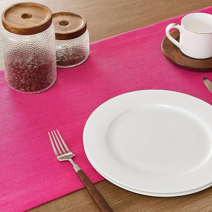 Linen Textured Border Table Runner, 14 x 60 Inch Hot Pink | Mitered Corner - Image 5