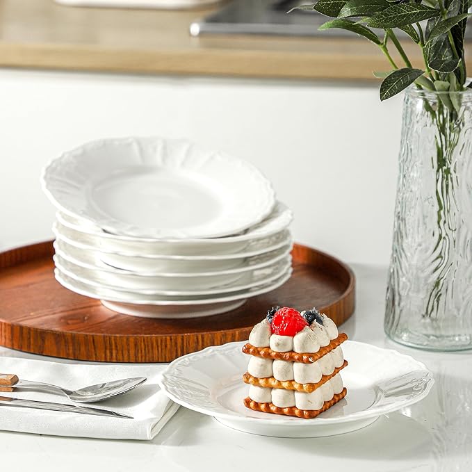 Embossed Ceramic Appetizer & Dessert Plates, 7.5 inch Small Salad Plate, Small White Plates for Cake Waffles Snacks Side Dish, Round Dinnerware Sets, Dishwasher & Microwave Safe - Set of 8