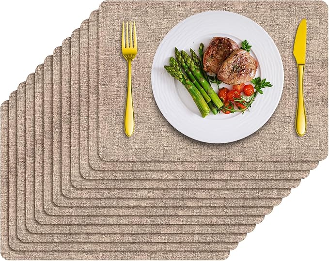 Placemats Set of 12 Washable, Heat Resistant Table Placemats Wipeable Faux Leather Place Mats Non Slip, Waterproof Square Table Mats for Indoor Outdoor, Apricot