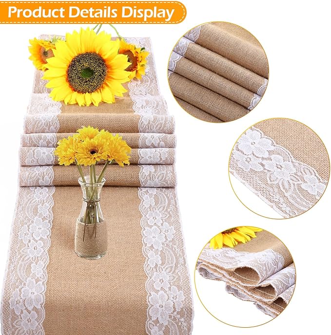 Tatuo 6 Pcs Lace Burlap Table Runner 12'' x 72'' Rustic Jute Hessian Farmhouse - Image 3