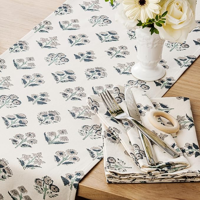 Block Print Floral Decorative Table Runners, 13x48 Inch Grey | 100% Organic - Image 2