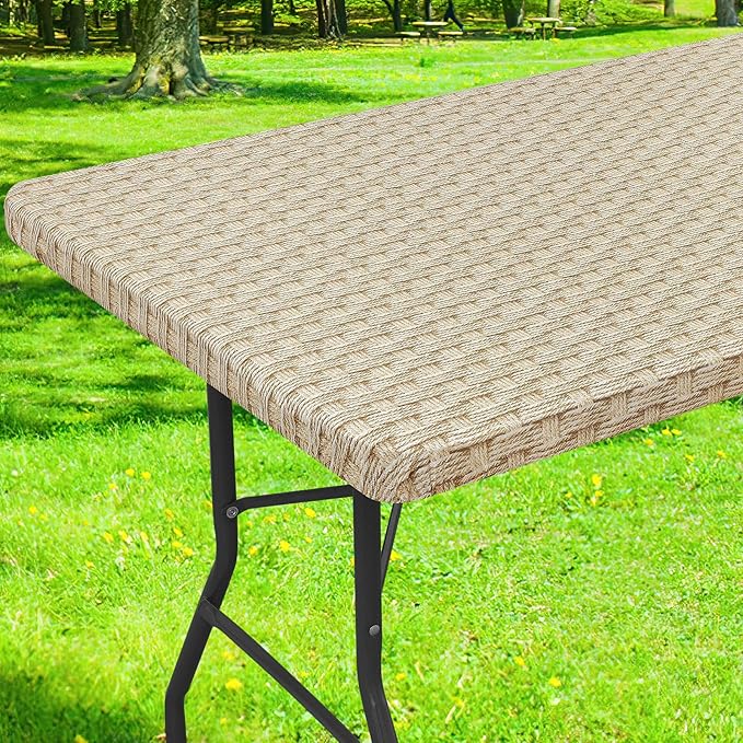 Smiry Rectangle Table Cloth Cover, Waterproof Elastic Fitted Picnic Tablecloth for 6 Foot Tables, Wipeable Flannel Backed Vinyl Tablecloths for Camping, Dining, Outdoor (Sand, 30" x 72")