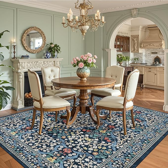 GarveeHome 8x10 Area Rugs, Washable Rugs for Living Room Non Slip Stain Resistant Ultra Soft Floral Rug, Boho Carpet Floor Mat for Bedroom Dining Room Nursery Playroom Office, Dark Blue